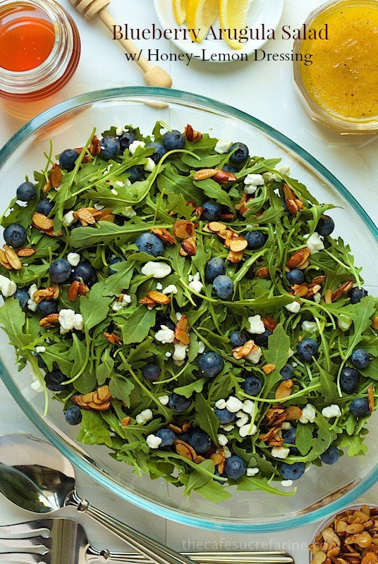 Blueberry Arugula Salad with Honey-Lemon Dressing - a colorful, fresh, delightful salad that's not only good to look at, but delicious and good for you too!