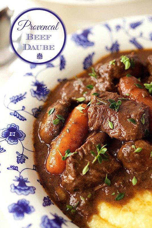 Beef Daube - it's beef stew, Provencal style! Made with red wine, rosemary, thyme and bay leaves, it's slow roasted till all the flavors meld together and the beef is melt-in-your-mouth tender and crazy delicious! www.thecafesucrefarine.com