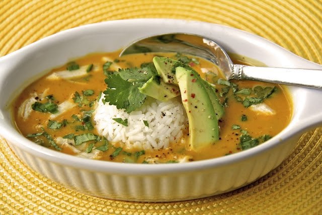 Curried Coconut Pumpkin Soup with Chicken and Jasmine Rice - a delicious, low fat, healthy soup that shouts with vibrant fresh flavor.