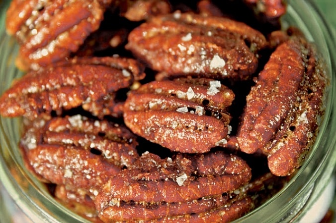 Maple Sea Salt Pecans are perfect for dessert topping, salad topping, or just plain popping in your mouth any old time! Watch out, they disappear fast!