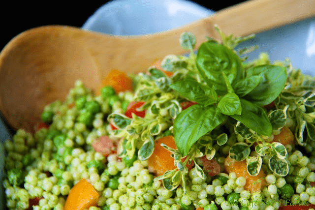 Israeli Couscous Salad with Tomatoes and Herb Pesto - this salad is loaded with great, healthy ingredients; along with the fun Israeli Couscous (also called pearl pasta).