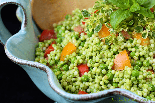 Israeli Couscous Salad with Tomatoes and Herb Pesto - this salad is loaded with great, healthy ingredients; along with the fun Israeli Couscous (also called pearl pasta).