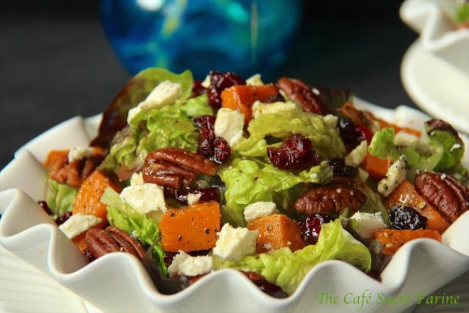 Roasted Sweet Potato Salad with Honey-Cumin Vinaigrette - This salad screams, "FALL", with roasted sweet potatoes, sea-salted pecans, dried cranberries and Feta cheese. Topped off with a delicious, inspiring honey-cumin vinaigrette, this salad will be at the top of your fall healthy eating list.