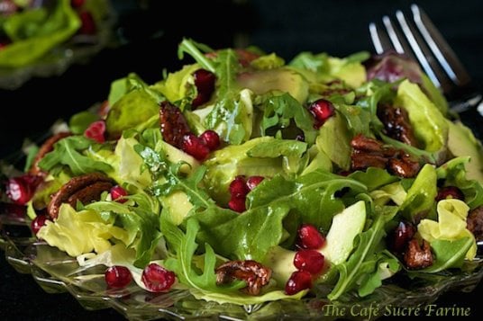 Avocado and Pomegranate Salad - featuring a delicious honey-citrus vinaigrette dressing you're going to just love - sweet/spicy pecans too!