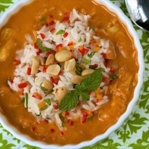 African Peanut Soup with Roasted Chicken is a unique, full-of-flavor comfort soup. It has lots of veggies, herbs and spices; along with fresh ginger.