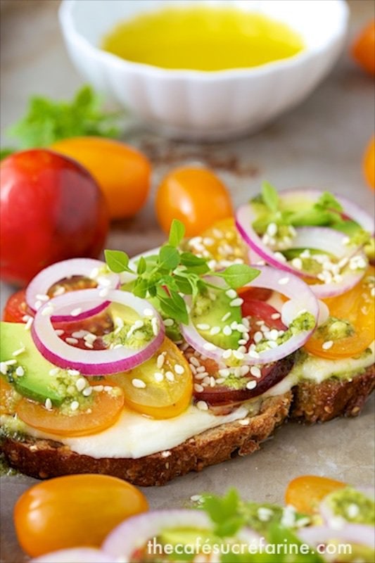 Tomato, Avocado and Fresh Mozzarella Tartines - they are the epitome of fresh! A delightful, French-influenced open-faced sandwich, they are full of flavor!