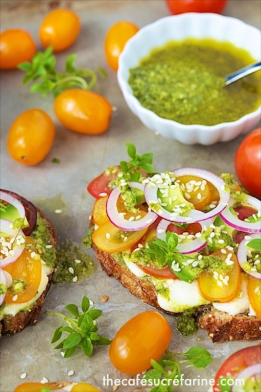 Tomato, Avocado and Fresh Mozzarella Tartines - they are the epitome of fresh! A delightful, French-influenced open-faced sandwich, they are full of flavor!