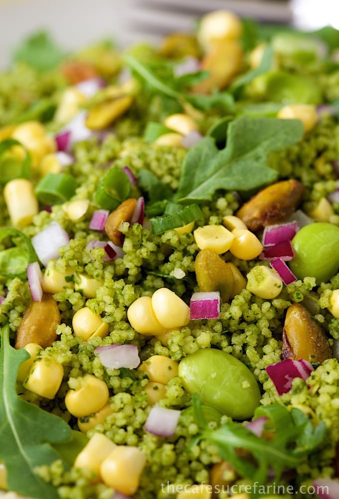 Closeup photo of a plate of Green on Green Couscous Salad.