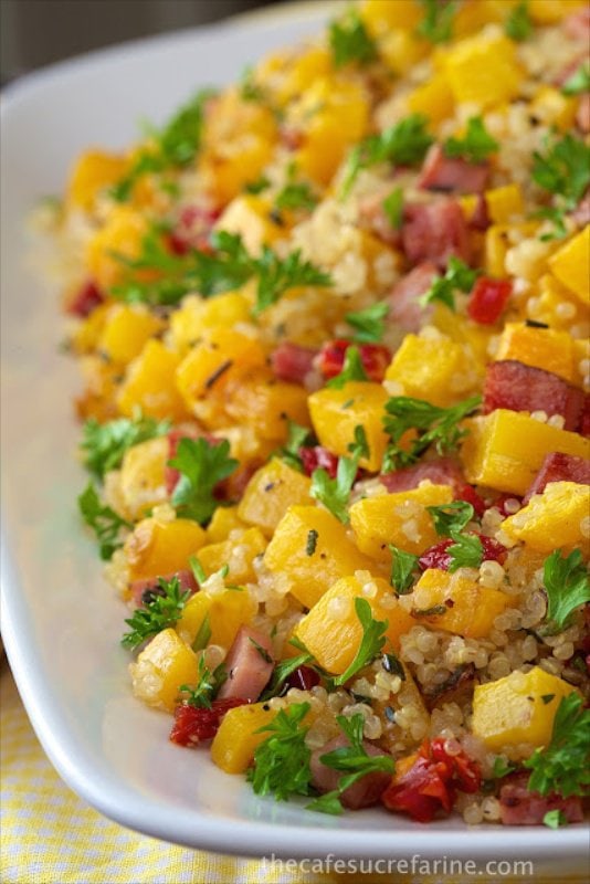 Butternut Squash and Smokey Ham Quinoa - a delicious blend of herbs, smokey ham and butternut squash. Combined with super-healthy quinoa and you've got a powerhouse side dish for any meal.