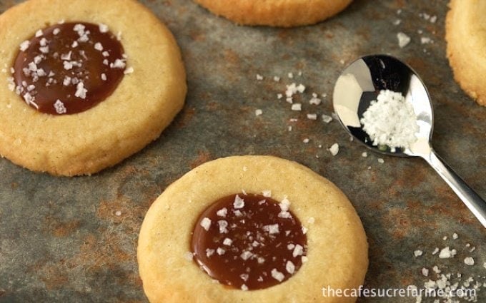 Old-Fashioned Shortbread Cookies with Salted Caramel - a real show-stopper. Delicious, rich shortbread with a decadent puddle of amazing salted caramel.