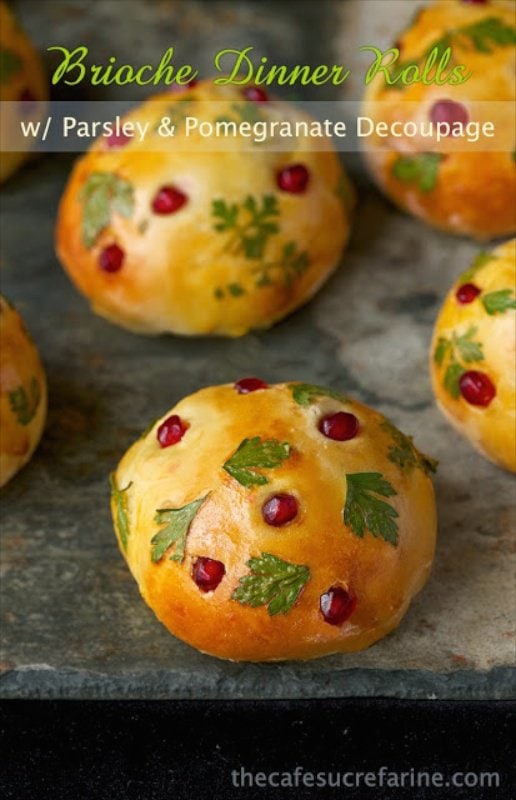 Parsley and Pomegranate Decoupaged Dinner Rolls - as delicious as they look, these rolls will be the star at your holiday dinner party table!