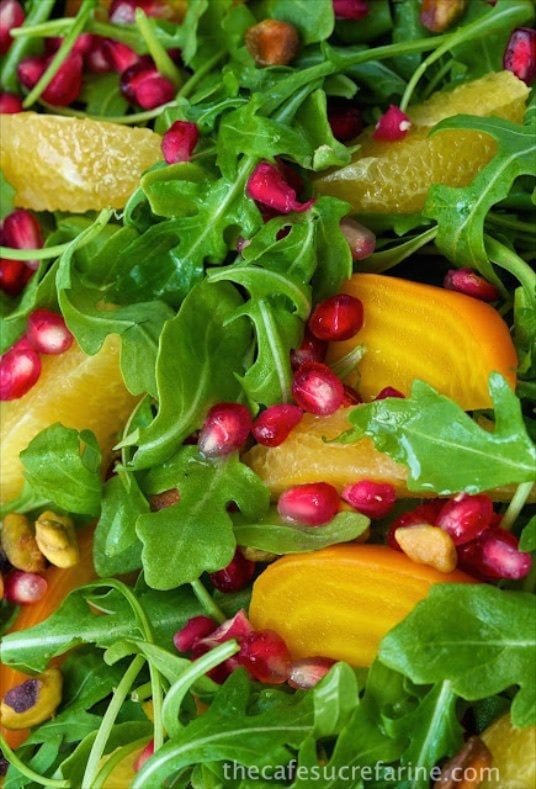 Orange, Pomegranate and Roasted Beet Salad - a visual stunner at the table! Full of a wonderful combination of super healthy components.