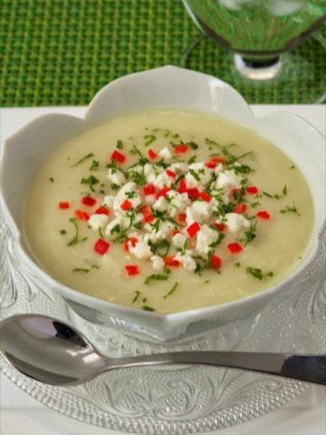 Winter White Velvet Soup - There are a ton of healthy veggies in this delicious soup. A quick blend with an immersion blender and you've got an elegant main course or beautiful appetizer soup.