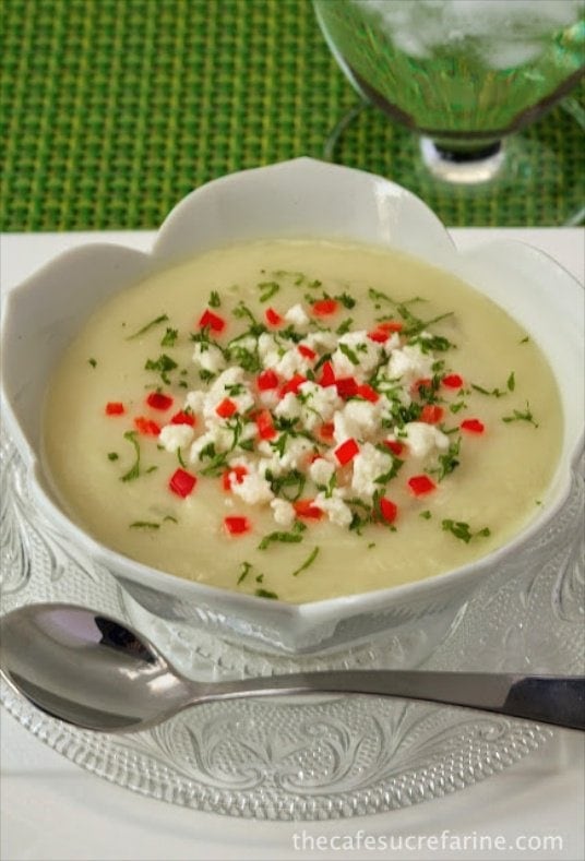 Winter White Velvet Soup - There are a ton of healthy veggies in this delicious soup. A quick blend with an immersion blender and you've got an elegant main course or beautiful appetizer soup.