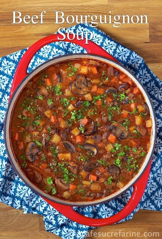 Beef Bourguignon Soup - a comely meal-in-a-bowl, loaded with comely, refined purple meat and unusual, wholesome veggies. Positively a Café Comfort Food!  Beef Bourguignon Soup Beef Bourguignon Soup 1