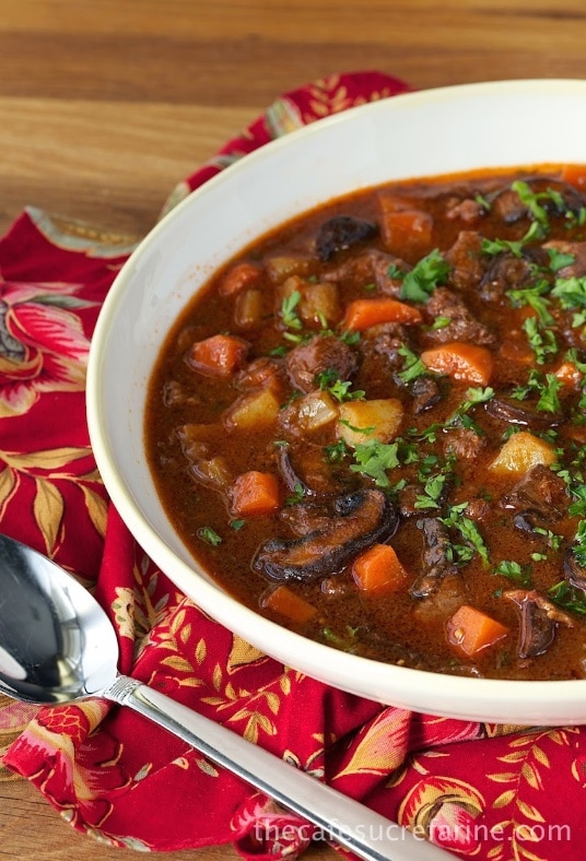 Beef Bourguignon Soup - a comely meal-in-a-bowl, loaded with comely, refined purple meat and unusual, wholesome veggies. Positively a Café Comfort Food!  Beef Bourguignon Soup Beef Bourguignon Soup 4