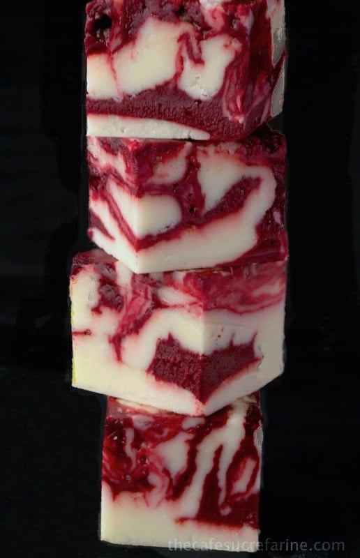 Winter White Red Velvet Fudge - A delicious, beautiful fudge for any season; not just winter! Try it for your next party; or for fun gifts to give relatives, neighbors and friends.