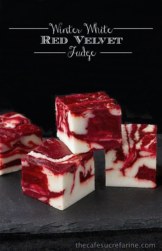 Winter White Red Velvet Fudge - A delicious, beautiful fudge for any season; not just winter! Try it for your next party; or for fun gifts to give relatives, neighbors and friends.