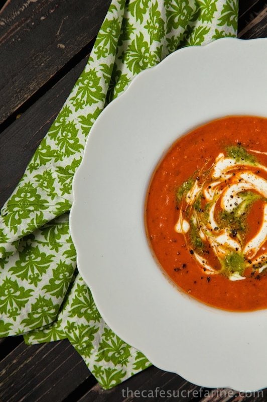 Roasted Tomato Basil Bisque - Roasted (canned) tomatoes and a secret ingredient makes for fabulous, rich flavor. You'll find yourself craving it again and again!
