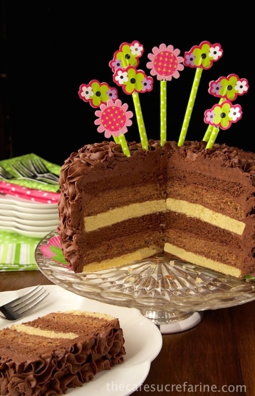 6-Layer Ombre Cake with Truffle-Fudge Icing - this unique and fun cake will take your guests breath away! Practice your bows now, before the rave reviews!