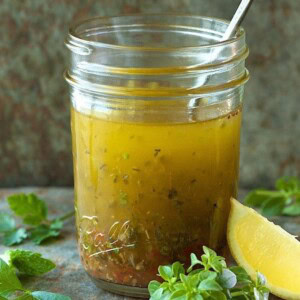Lemon Herb Vinaigrette, a Salad Dressing for All Seasons. This keeps well in the fridge though it seems the jar is always running low. I use it in a zillion different ways!!