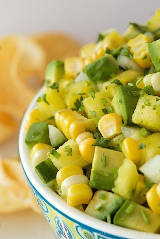 Pineapple, Avocado & Fresh Corn Salsa - Fresh, vibrant and versatile. Perfect for chips or w/ quesadillas, tacos, burritos, grilled entrees, etc.