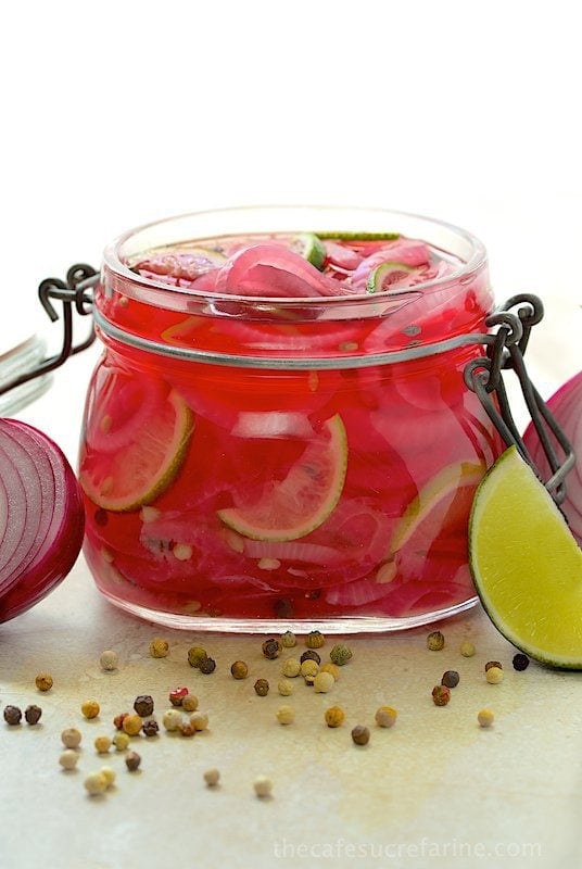 Pickled Red Onions.The most beautiful, delicious condiment! Adds a gourmet touch to sandwiches, salads, burgers, also Mexican, Asian and Middle Eastern dishes.