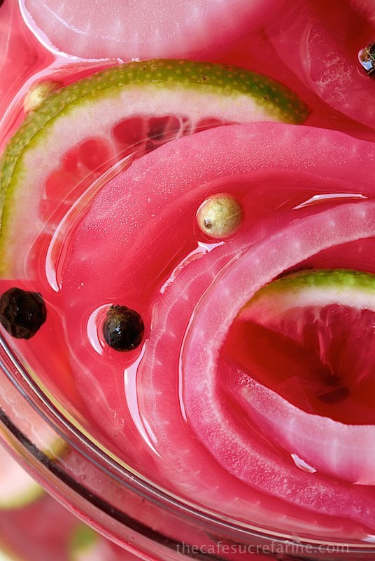 Pickled Red Onions.The most beautiful, delicious condiment! Adds a gourmet touch to sandwiches, salads, burgers, also Mexican, Asian and Middle Eastern dishes.
