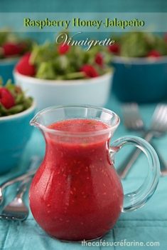 Raspberry Honey Jalapeño Vinaigrette; it's sweet and spicy and super delicious!