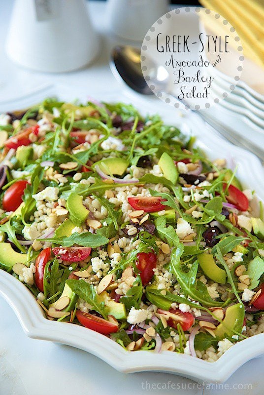 Greek-Style Avocado and Barley Salad. It's fresh, healthy and super delicious! www.thecafesucrefarine.com