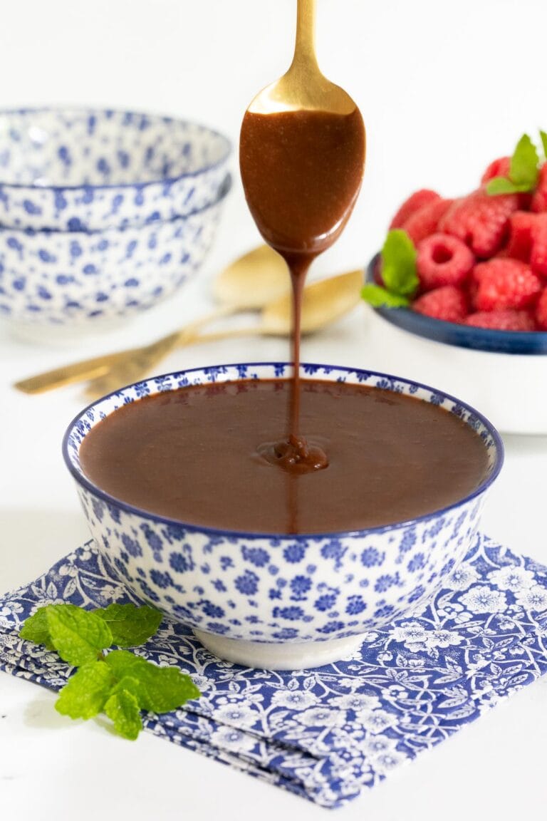 Hot Fudge sauce in a blue and white bowl.