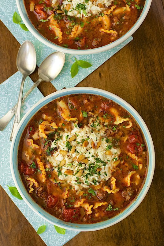 Overhead picture of Lasagna Soup in bowls on a wooden table