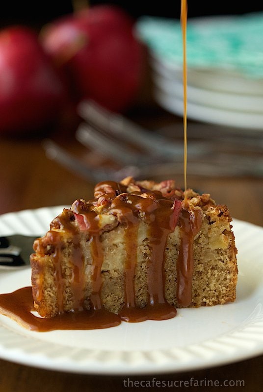 Sticky Apple Pecan Cake - this moist, buttery autumn-inspired confection is loaded with apples in the fabulous warm-spiced cake, as well as adorning the luscious pecan topping. Just before it emerges from the oven, it's brushed with a sweet, sticky, maple glaze, making it beyond irresistible!