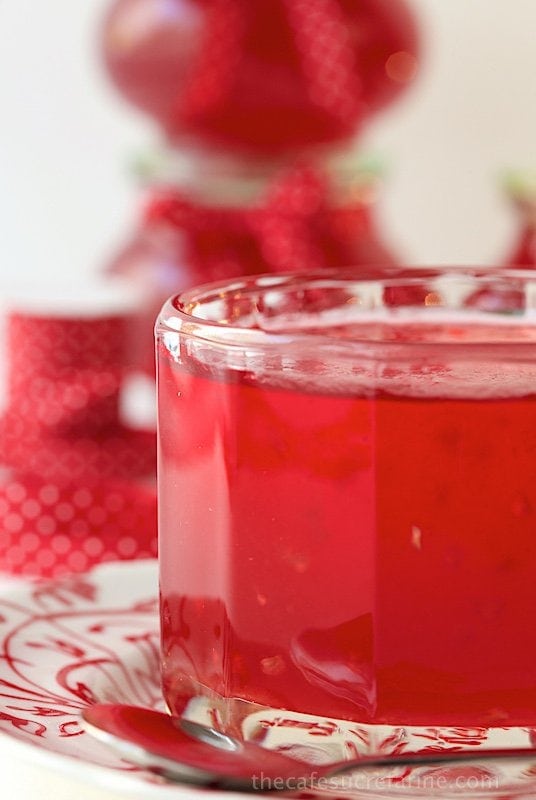 Vertical closeup photo of Cranberry Sriracha Pepper Jelly in a glass jar.