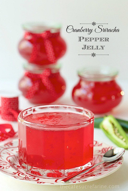 Cranberry Sriracha Pepper Jelly - this stuff is crazy good! We love it spooned over cream cheese and served with crackers but it also makes a wonderful glaze for chicken, pork, salmon, etc.