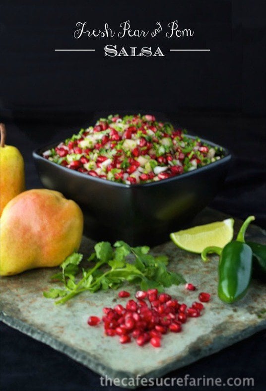 Pear and Pomegranate Salsa - a seasonal favorite that will be sure to bring ooohs and ahhhhs for it's taste and beautiful appearance. Great for an appetizer or spooned over pan-seared salmon.