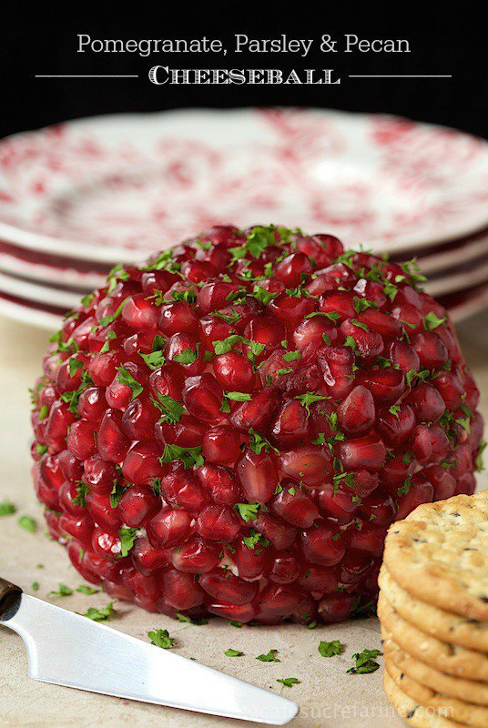 Pomegranate, Parsley and Pecan Cheeseball - light, fresh and fun - with a smidgen of garlic, a bit of fine lemon zest and lots of fresh herbs. It's gorgeous too and tends to make jaws drop! 