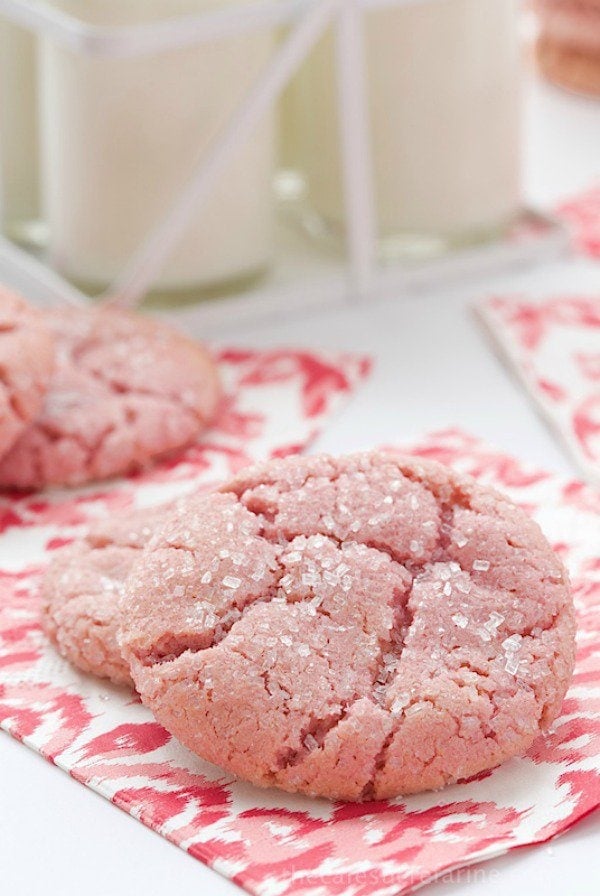 Strawberry Sugar Cookies - Crinkly Crackly on top, crisp on the edges and soft inside. On top of all that they're bursting with fresh strawberry flavor!