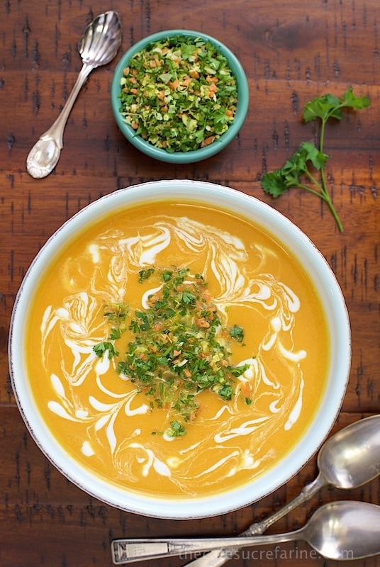 Thai Inspired Carrot and Yellow Pepper Soup - this bright, fragrant soup is loaded with healthy ingredients and bursting with fabulous flavor! It's great as an appetizer soup or for lunch or casual dinners.