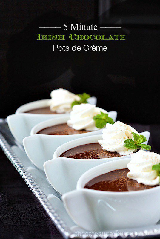 Irish Chocolate Pots de Creme - The most decadent, silky smooth, to-die-for dessert that only takes 5 minutes to throw together. My husband thinks it's the best chocolate dessert I've ever made! thecafesucrefarine.com