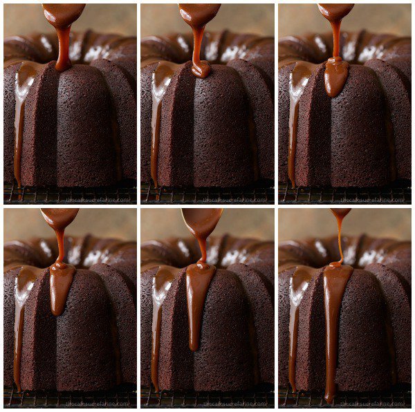 Collage of Best Ever Chocolate Bundt Cake with Caramel Glaze 