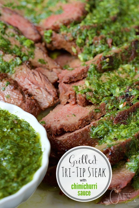 Grilled Tri-Tip with Chimichurri Sauce - a fabulous tasting, very tender cut of beef that's perfect for grilling. I love that it's decently priced, compared to other steaks. The fresh herb sauce is an amazing compliment to the delicious beef! www.thecafesucrefarine.com