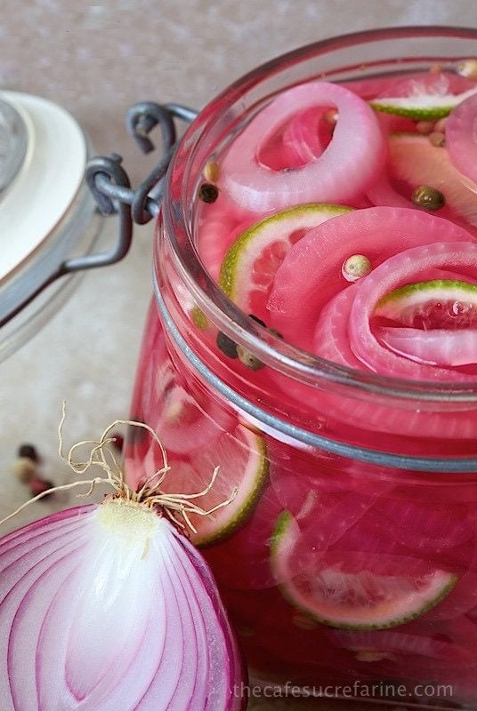 Pickled Red Onions - delightful on any type of Mexican entree. They also add a vibrant, delicious touch to salads and appetizers. I keep a jar in my fridge at all times!