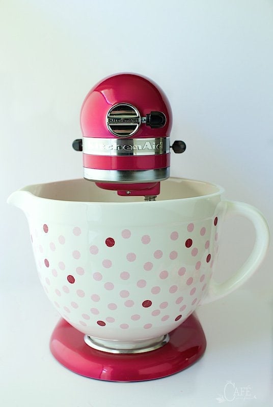 KitchenAid's beautiful Raspberry Ice Stand Mixer with their 2015 Cook for the Cure Polka Dot Bowl.