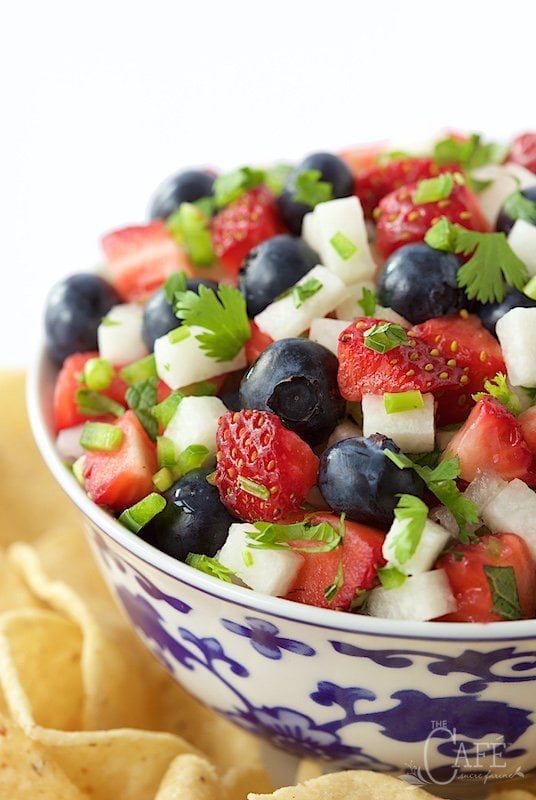 Vertical closeup photo of a blue and white patterned serving bowl of Red, White and Blue Salsa surrounded by chips.