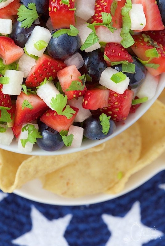 Red, White and Blue Salsa - it's bright, fresh, delicious; and oh so patriotic! www.thecafesucrefarine.com