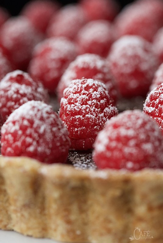 Extreme close up of French Chocolate Tart with Brown Butter Crust with raspberries