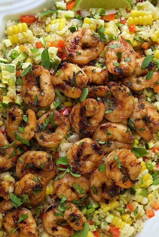 Close up picture of Chopped Mexican Quinoa Salad with Chili Lime Shrimp