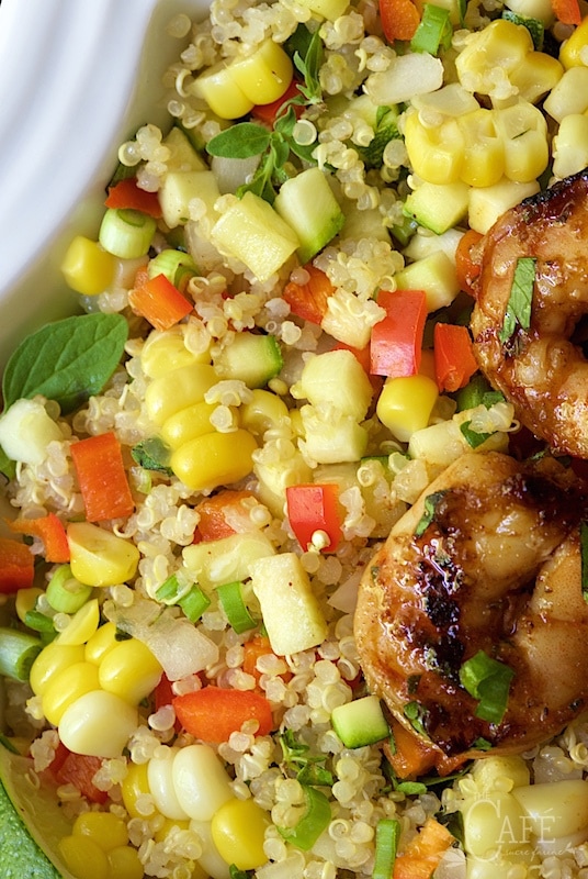 Close up picture of Chopped Mexican Quinoa Salad with Chili Lime Shrimp 