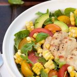 Farmer's Market Grilled Chicken Salad with Pepper Jelly Vinaigrette - the secrets to grilling moist, juicy chicken breasts to top a fabulous fresh summer salad with a sweet and spicy dressing.